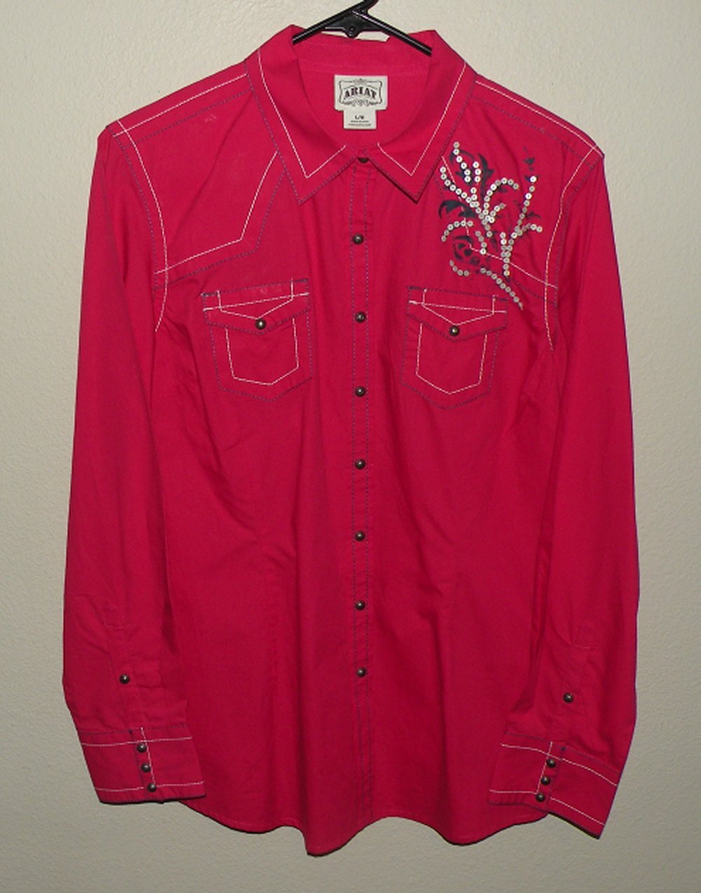 Ariat Women’s Large LS Western Metal Snap Shirt Pinkish Red Bling